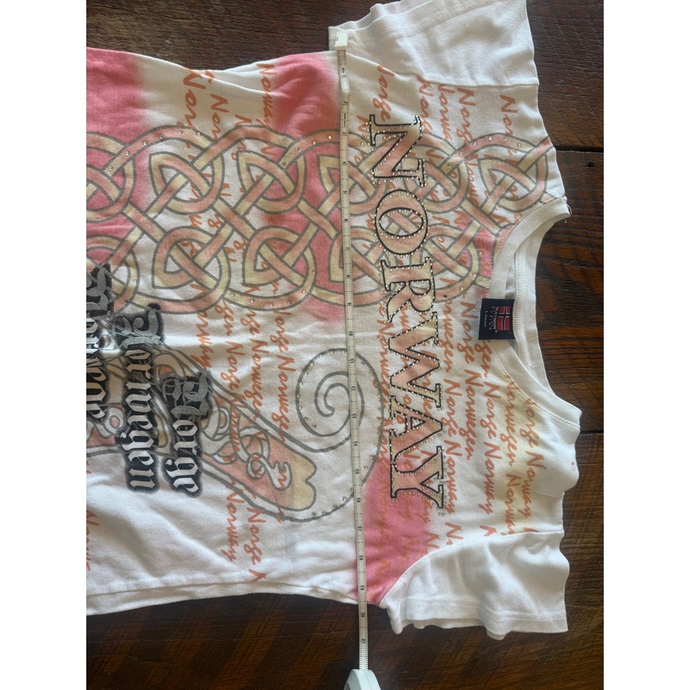 Y2K Norway Souvenir Baby Tee White Pink Graphic Rhinestone Indie Sleaze Top - Picture 7 of 7